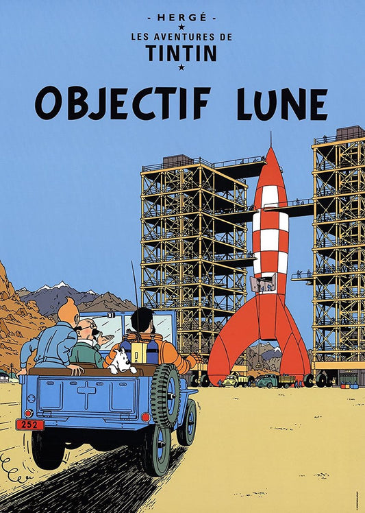 Tintin Poster Rocket to the Moon - Objectif Lune - 50x70cm - Official Tintin Poster made by Moulinsart - bestemming maan, destination moon, kuifje, maanraket, objectif lune, poster, poster tintin, raket, raket kuifje, tintin - Gadgetz Home